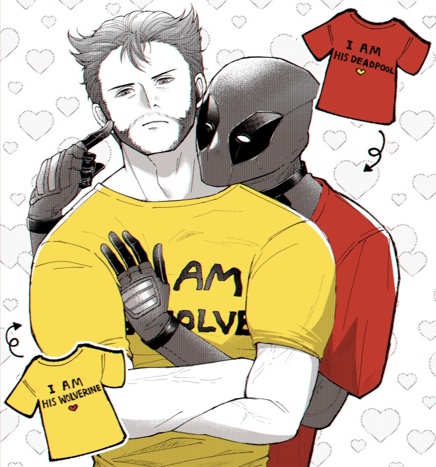 2boys alternate_costume beard bodysuit closed_mouth clothes_writing commentary_request couple crossed_arms deadpool deadpool_&amp;_wolverine deadpool_(series) doghooouse english_text facial_hair gloves head_tilt heart heart_background highres hug male_focus marvel marvel_cinematic_universe mask multiple_boys muscular muscular_male pectorals poking red_shirt shirt short_hair short_sleeves t-shirt veins veiny_arms wolverine_(x-men) x-men yaoi yellow_shirt