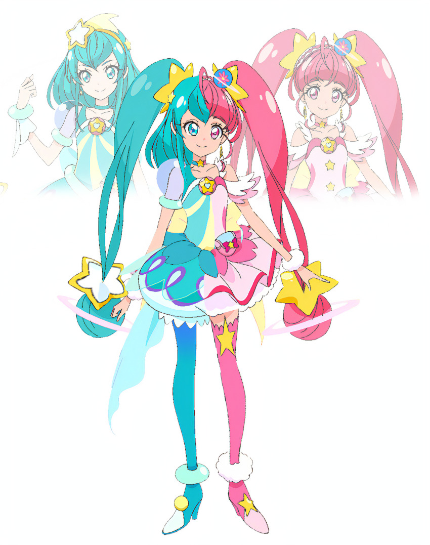 1girl absurdres aqua_eyes aqua_hair blue_choker choker cure_milky cure_star dress fusion hagoromo_lala heterochromia highres hoshina_hikaru magical_girl multicolored_hair pink_choker pink_eyes pink_hair precure solo star_(symbol) star_choker star_ornament star_twinkle_precure twintails