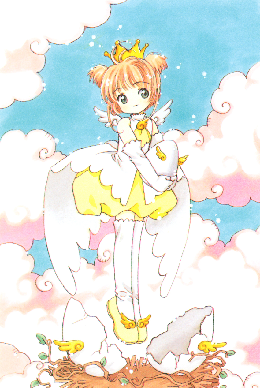 1girl brown_hair cardcaptor_sakura child clamp_(circle) cloud egg gloves green_eyes highres kinomoto_sakura kinomoto_sakura_(miraculous_sakura) magical_girl smile solo white_gloves