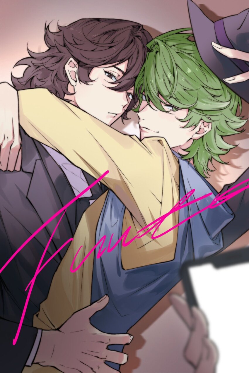 2boys black_headwear black_jacket brown_eyes brown_hair closed_mouth fuuto_tantei green_eyes green_hair hair_between_eyes hat hidari_shoutarou highres hood hood_down jacket kamen_rider kamen_rider_w long_sleeves looking_at_viewer male_focus multiple_boys naijarski philip_(kamen_rider) simple_background upper_body yaoi