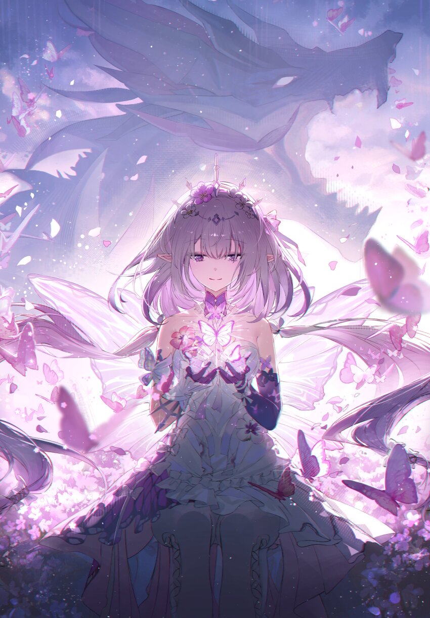 absurdres asymmetrical_gloves black_tiara bow bright_pupils bug butterfly butterfly_wings castorice_(honkai:_star_rail) closed_mouth dragon dress floating_hair flower gloves grey_hair hair_bow highres honkai:_star_rail honkai_(series) insect insect_wings isobe47 legwear_cutout long_hair pantyhose pointy_ears pollux_(honkai:_star_rail) purple_butterfly purple_eyes purple_gloves purple_hair smile tiara uneven_gloves very_long_hair white_bow white_dress white_pantyhose white_pupils wings