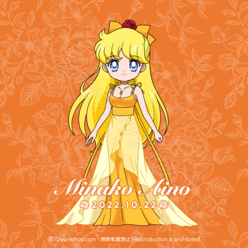 1girl 72workshop aino_minako bishoujo_senshi_sailor_moon blonde_hair blue_eyes chibi dress flower hair_ribbon highres jewelry necklace orange_background princess_venus red_flower red_rose ribbon rose sailor_venus smile solo yellow_dress