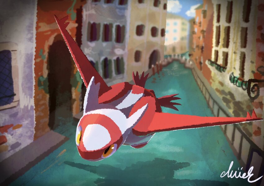 bird_tail blurry blurry_background canal flying gen_3_pokemon highres latias legendary_pokemon mude0530 nintendo no_humans outdoors pokemon pokemon_(creature) signature tail water wings yellow_eyes