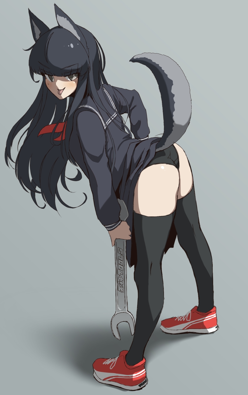 1girl animal_ears bent_over black_panties clothes_lift grey_background grey_eyes highres holding holding_wrench looking_at_viewer looking_back makino_momiji_(artist) original panties cougar school_uniform serafuku shoes skirt skirt_lift sneakers tail tongue tongue_out underwear v-shaped_eyebrows wolf_ears wolf_tail wrench