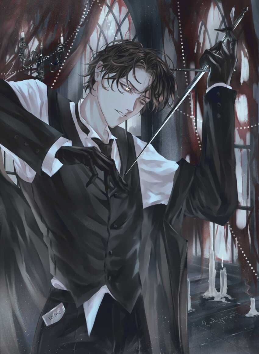 1boy aegyo_sal ajsaart alternate_costume arched_window black_gloves black_hair black_jacket black_necktie black_vest candlestand collared_shirt cowboy_shot dagger gloves glowing glowing_eyes hands_up head_tilt highres holding holding_dagger holding_knife holding_weapon indoors jacket jacket_partially_removed klein_moretti knife lord_of_the_mysteries male_focus necktie parted_lips shirt short_hair solo vest weapon white_shirt window wooden_floor yellow_eyes