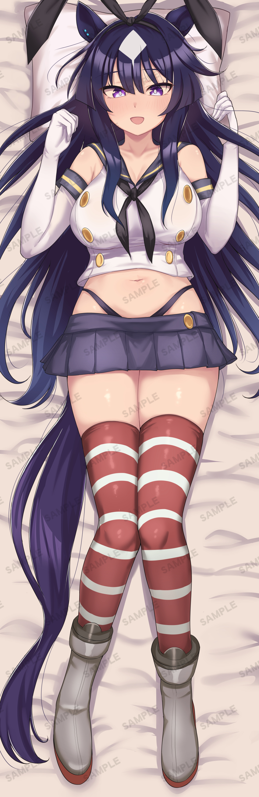1girl absurdres alternate_costume animal_ears bed_sheet black_hairband blue_hair blue_skirt blush cosplay detached_sleeves elbow_gloves gloves hairband highres horse_ears horse_girl horse_tail kantai_collection long_hair looking_at_viewer lying navel on_back open_mouth pillow purple_eyes sample_watermark shimakaze_(kancolle) shimakaze_(kancolle)_(cosplay) skirt smile solo striped_clothes striped_thighhighs tail teaclaw thighhighs thighs umamusume verxina_(umamusume) watermark white_gloves