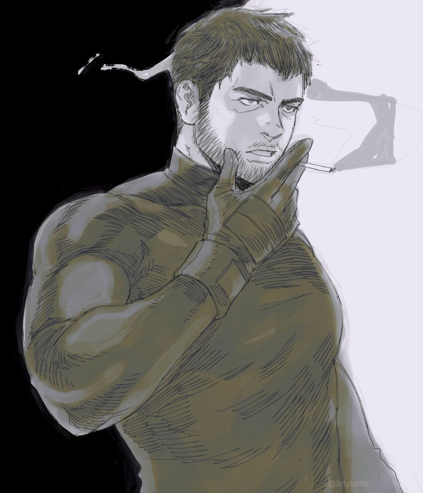 1boy beard chris_redfield cigarette commentary english_commentary facial_hair gloves greyscale highres holding holding_cigarette looking_ahead male_focus monochrome muscular muscular_male parted_lips resident_evil shirt short_hair sideburns smoke smoke_trail solo thick_eyebrows tirtyturtle turtleneck
