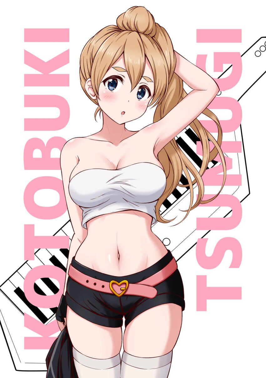 black_shorts blonde_hair ckst highres k-on! kotobuki_tsumugi long_hair ponytail shirt shorts skindentation thighhighs white_shirt
