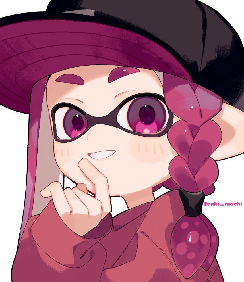 1girl baseball_cap black_hat braid commentary_request hat highres inkling inkling_girl inkling_player_character long_hair looking_at_viewer low-tied_long_hair nintendo pink_eyes pink_hair pointy_ears sabata_saba single_braid sleeves_past_wrists smile solo splatoon_(series) splatoon_3 tentacle_hair thick_eyebrows upper_body white_background