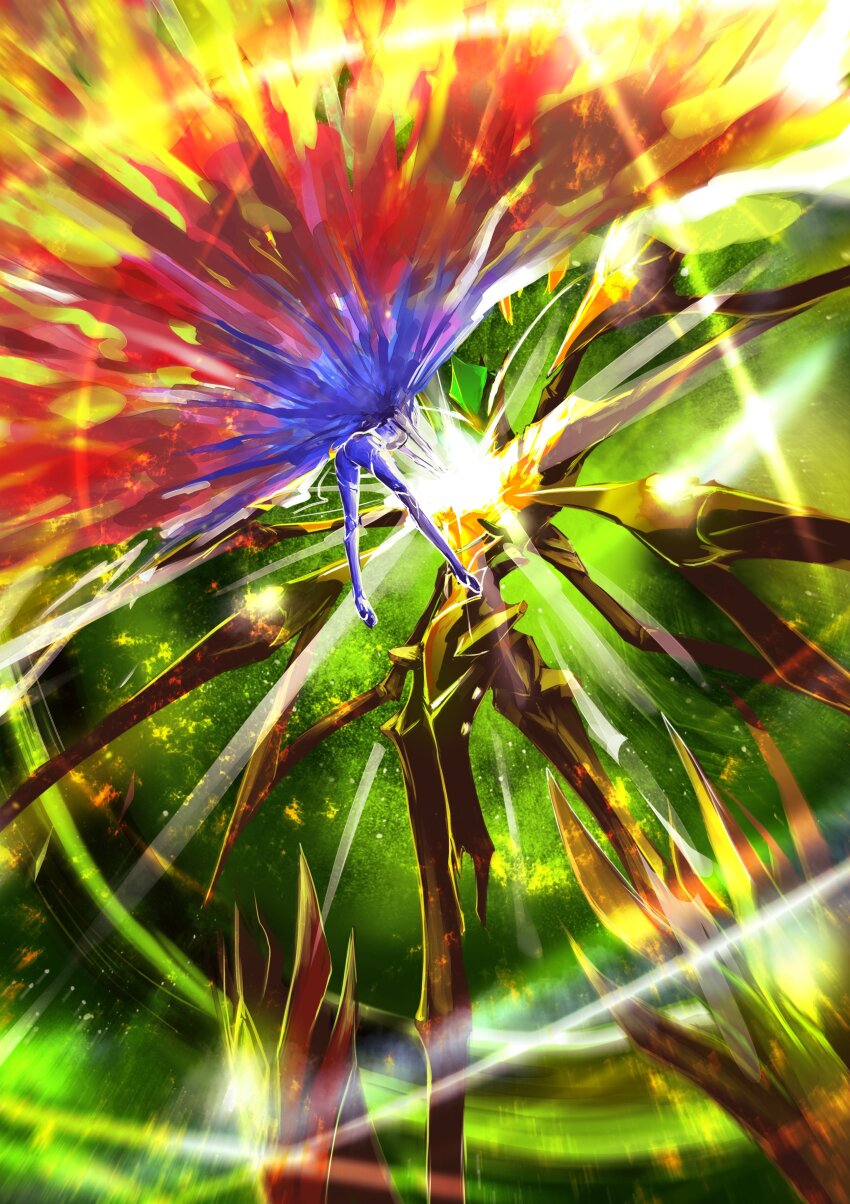 152_in_can 1girl 1other absurdres alien crystal energy extra_arms fate/grand_order fate_(series) fighting halo highres kukulkan_(fate) kukulkan_(second_ascension)_(fate) kukulkan_(third_ascension)_(fate) long_hair ort_(type-moon)