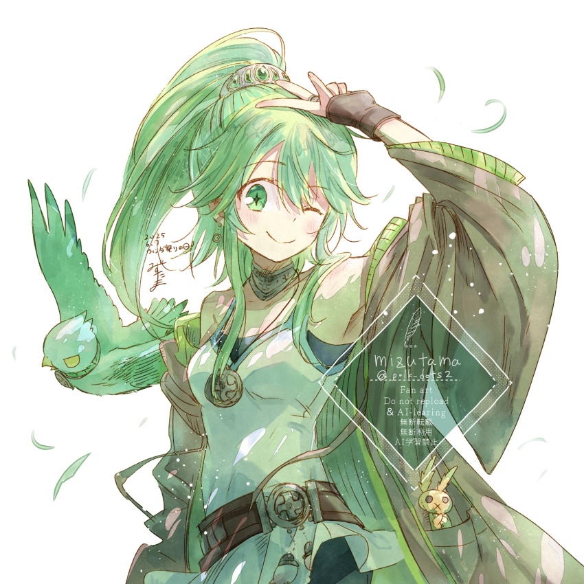 1girl ;) arm_up armpits bare_shoulders belt bird black_shorts black_undershirt blush breasts brown_belt brown_coat brown_gloves closed_mouth coat collar collarbone commentary_request cowboy_shot duel_monster earrings gloves green_eyes green_hair hair_between_eyes hair_ornament highres jewelry long_hair long_sleeves looking_at_viewer medallion medium_breasts mizutama_(mizutamalion) necklace off_shoulder one_eye_closed open_clothes open_coat ponytail shirt short_shorts shorts sidelocks signature simple_background sleeveless sleeveless_shirt smile solo_focus standing stuffed_animal stuffed_rabbit stuffed_toy symbol-shaped_pupils v watermark white_background white_shirt winda_(yu-gi-oh!) winda_priestess_of_gusto yu-gi-oh!