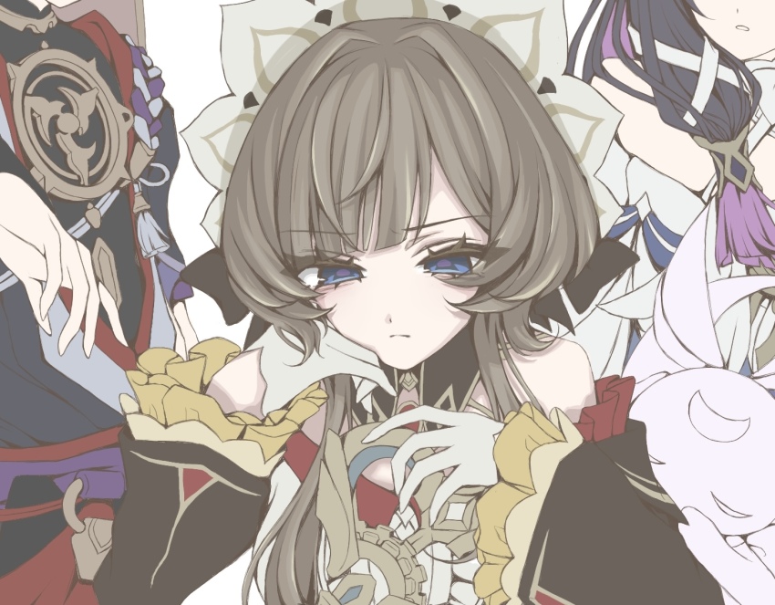 1boy 2girls bare_shoulders black_bodysuit black_bow black_collar black_kimono black_sleeves blue_eyes blunt_bangs blunt_tresses bodysuit bow collar columbina_(genshin_impact) detached_collar detached_sleeves dress eyelashes frilled_sleeves frills genshin_impact gloves gold grey_veil hair_bow hair_ribbon hair_tubes hand_on_another&#039;s_face hands_up head_rest holding japanese_clothes jewelry juban kimono layered_sleeves looking_at_object looking_down luonnotar_(genshin_impact) mandarin_collar mitsudomoe_(shape) multiple_girls neck_ring o-ring open_hand open_mouth out_of_frame purple_pupils purple_rope purple_sash purple_sleeves red_kimono red_sash ribbon rope sandrone_(genshin_impact) sash scaramouche_(genshin_impact) shimenawa short_sleeves swept_bangs tassel tomoe_(symbol) tress_ribbon tsurime tuyu_name4 veil white_background white_dress white_gloves white_headdress white_kimono white_mouth white_ribbon white_rope winding_key