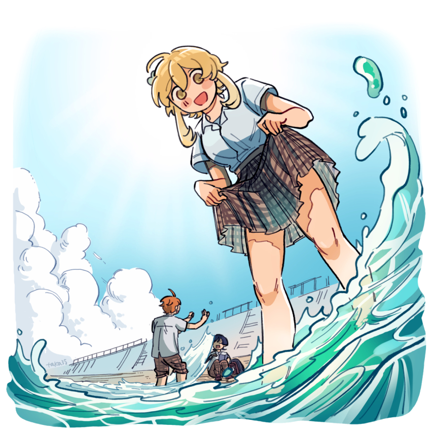 1girl 2boys ahoge alternate_universe artist_name backpack bag black_bag black_hair blonde_hair blouse blue_sky blunt_ends blush_stickers book briefcase brown_pants brown_shoes checkered_clothes checkered_pants checkered_skirt cloud cloudy_sky facing_another flower from_below genshin_impact hair_between_eyes hair_flower hair_ornament hands_up highres holding holding_book looking_at_another looking_at_viewer lumine_(genshin_impact) multiple_boys open_hands open_mouth orange_hair outdoors pants pants_rolled_up playing scaramouche_(genshin_impact) school_briefcase shirt shoes shore short_hair short_hair_with_long_locks short_sleeves sidelocks sitting skirt skirt_hold sky taka35_35 tareme tartaglia_(genshin_impact) wading waves white_shirt white_sleeves yellow_eyes