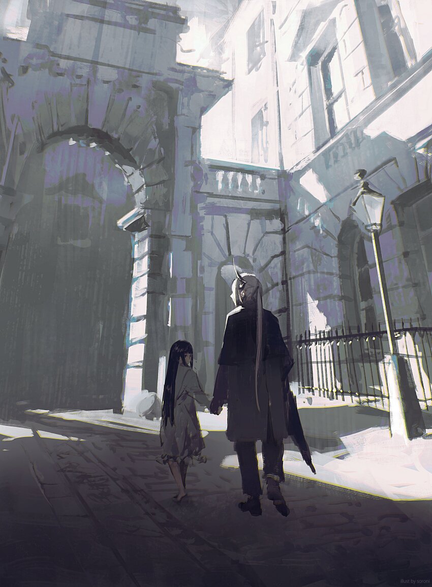 2girls absurdres back barefoot black_coat black_hair black_horns black_pants black_shoes closed_umbrella coat dress full_body highres hime_cut holding holding_hands holding_umbrella horns long_hair multiple_girls original outdoors pants ponytail shoes single_horn sorrowny umbrella walking white_dress white_hair