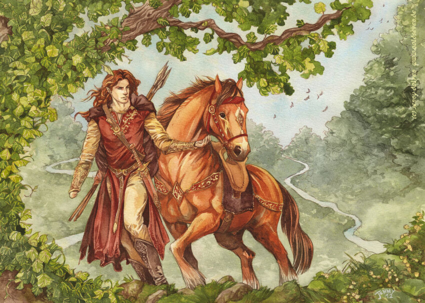 1boy animal belt bird blue_sky boots bracer bridle brown_belt brown_boots brown_horse cape dagger day elf fantasy forest full_body grass hand_on_animal hill horse ivy jenny_dolfen knife long_hair maedhros male_focus missing_limb nature outdoors painting_(medium) plant pointy_ears polearm red_cape red_hair red_tunic river saddle saddle_decoration sheath sheathed sky smile solo spear sword the_silmarillion tolkien&#039;s_legendarium traditional_media tree tunic watercolor_(medium) weapon