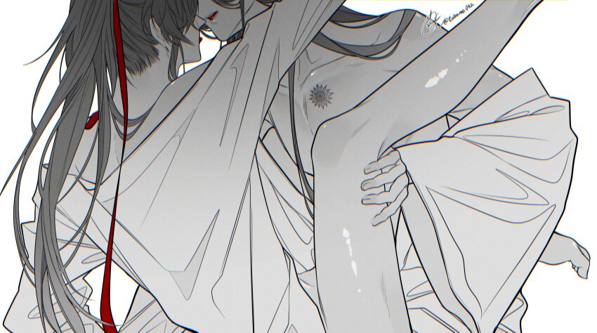 2boys absurdres after_kiss bare_legs barefoot black_hair bottomless chest_tattoo chinese_clothes collarbone feet_out_of_frame greyscale hair_ribbon hand_on_another&#039;s_leg hanfu head_out_of_frame high_ponytail highres implied_sex lan_wangji leg_grab legs_up long_hair long_sleeves looking_at_another male_focus modao_zushi monochrome multiple_boys off_shoulder open_clothes open_mouth open_robe parted_lips partially_undressed pectorals ponytail red_ribbon ribbon robe robe_partially_removed saliva saliva_trail sidelocks signature simple_background spot_color spread_legs tattoo tongue tongue_out tsubame-shi_(tubame) twitter_username very_long_hair wei_wuxian white_background wide_sleeves yaoi