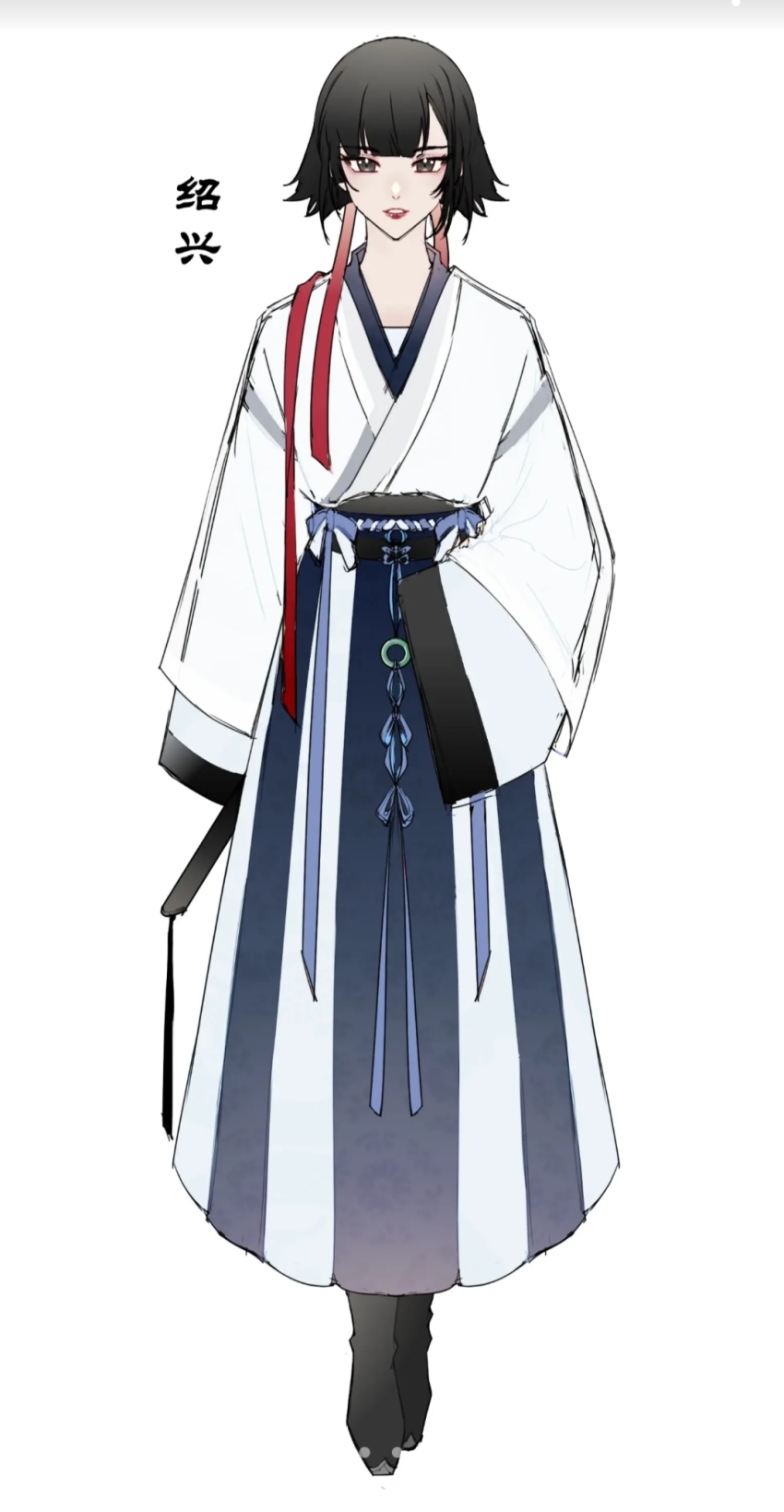 1girl black_footwear black_hair chinese_clothes earrings gradient_background hanfu highres jade_pendant jewelry jiaoling_ruqun long_sleeves looking_at_viewer qiushiri short_hair simple_background skirt sleeves_past_fingers sleeves_past_wrists solo standing white_background wide_sleeves zoom_layer