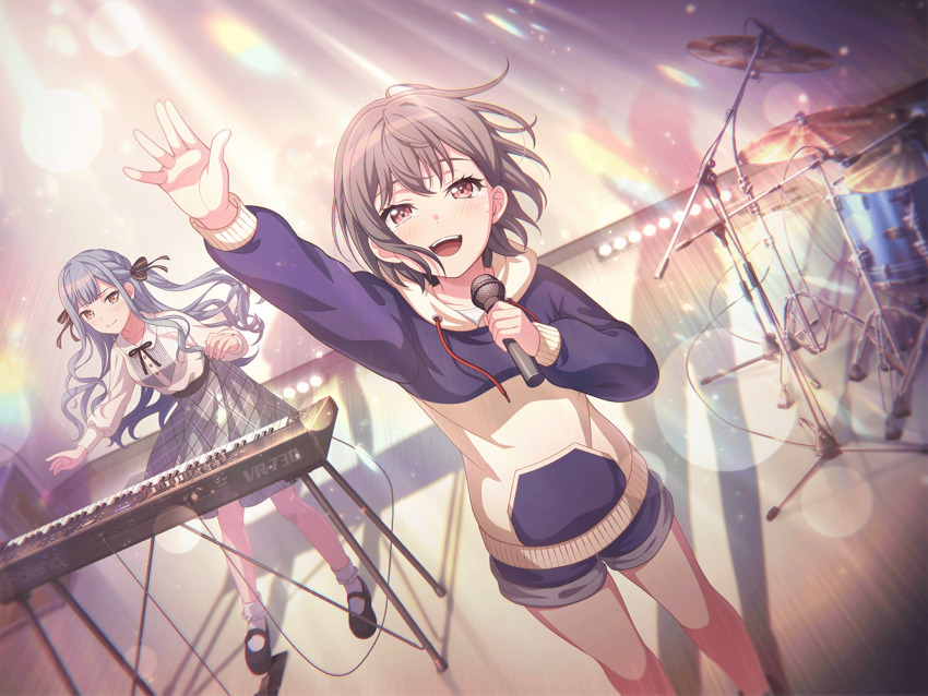 2girls arm_up bang_dream! bang_dream!_it&#039;s_mygo!!!!! black_ribbon blue_hair blue_hoodie blush braid brown_eyes closed_mouth crying crying_with_eyes_open drum drum_set game_cg grey_hair grey_skirt hair_ribbon hood hood_down hoodie instrument keyboard_(instrument) long_hair long_sleeves multiple_girls neck_ribbon official_art open_mouth ribbon shirt short_hair sidelocks skirt takamatsu_tomori tears teeth third-party_source togawa_sakiko upper_teeth_only white_shirt yellow_eyes