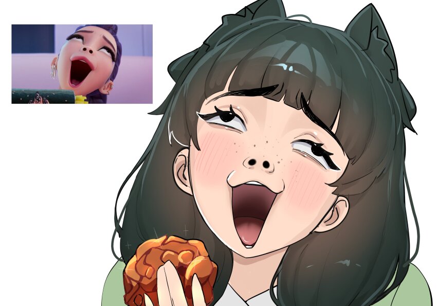 1girl absurdres blush eternalchan food green_hair highres holding holding_food kpop_demon_hunters kusuriya_no_hitorigoto long_hair looking_up maomao_(kusuriya_no_hitorigoto) meme open_mouth rumi_(kpop_demon_hunters) rumi_sniffing_kimbap_(meme) solo