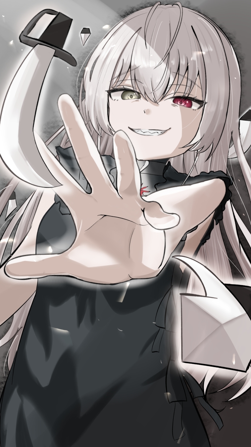 1girl 2025 breasts commentary_request dead_ma&#039;am&#039;s_chest_(houshou_marine) dottora green_eyes heterochromia highres hololive houshou_marine looking_at_viewer medium_breasts red_eyes simple_background smile solo sword virtual_youtuber weapon white_hair