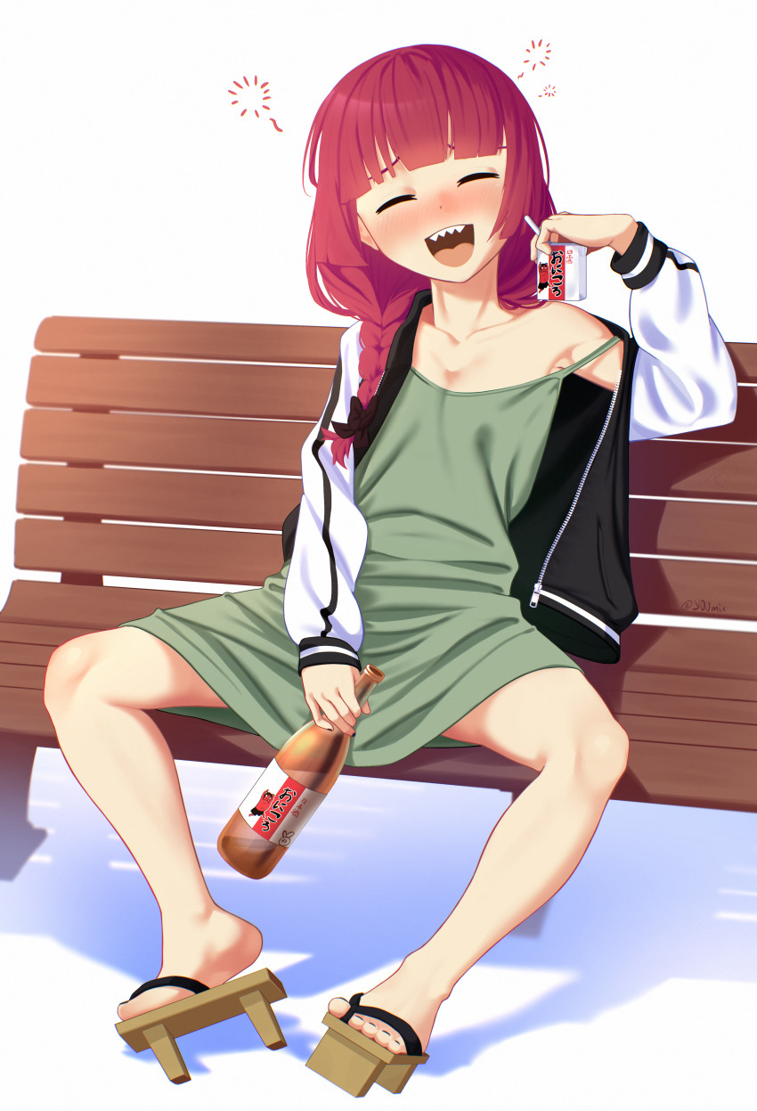 1girl absurdres alcohol_carton bench black_nails blush bocchi_the_rock! bottle braid breasts closed_eyes collarbone dress feet full_body geta green_dress highres hiroi_kikuri holding holding_bottle holding_carton jacket long_hair long_sleeves nail_polish on_bench open_clothes open_jacket open_mouth red_hair sake_bottle sharp_teeth side_braid sitting small_breasts solo spaghetti_strap spread_legs strap_slip teeth toenail_polish toenails white_jacket wooden_bench yoomix