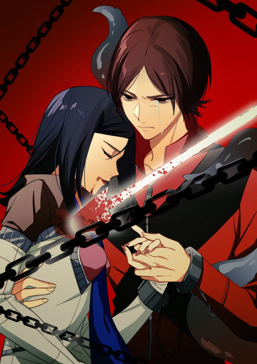 1boy 1girl absurdres amano_maya arm_around_waist black_hair black_jacket blood blood_from_mouth blood_on_clothes blue_necktie brown_eyes brown_hair chain chained crying crying_with_eyes_open cuffs highres holding_hands injury jacket lance langle_l looking_down multicolored_jacket necktie nyarlathotep_(persona_2) persona persona_2 polearm red_background red_jacket shackles short_hair smile stab suou_tatsuya tears tentacles two-tone_jacket weapon