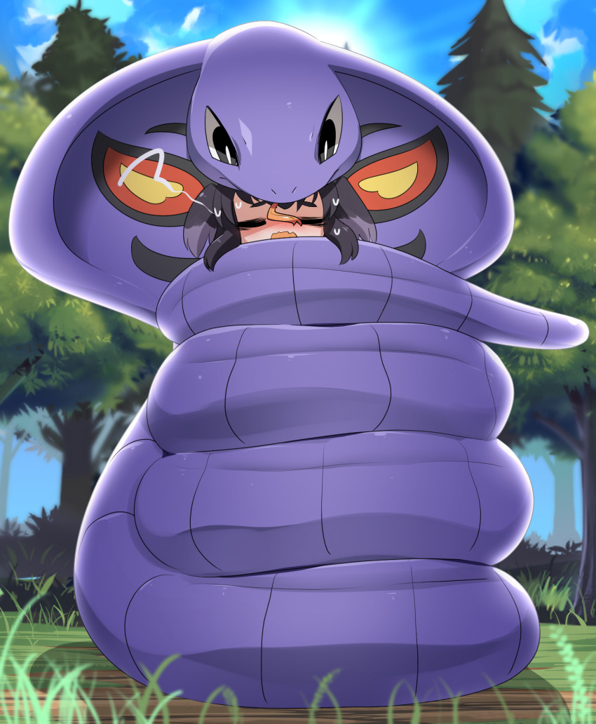 1girl arbok black_hair blue_sky closed_eyes commentary_request commission constriction crossover day forest gen_1_pokemon grass highres kantai_collection lets0020 nature nintendo outdoors pine_tree pokemon pokemon_(creature) short_hair skeb_commission sky snake tokitsukaze_(kancolle) tree upper_body