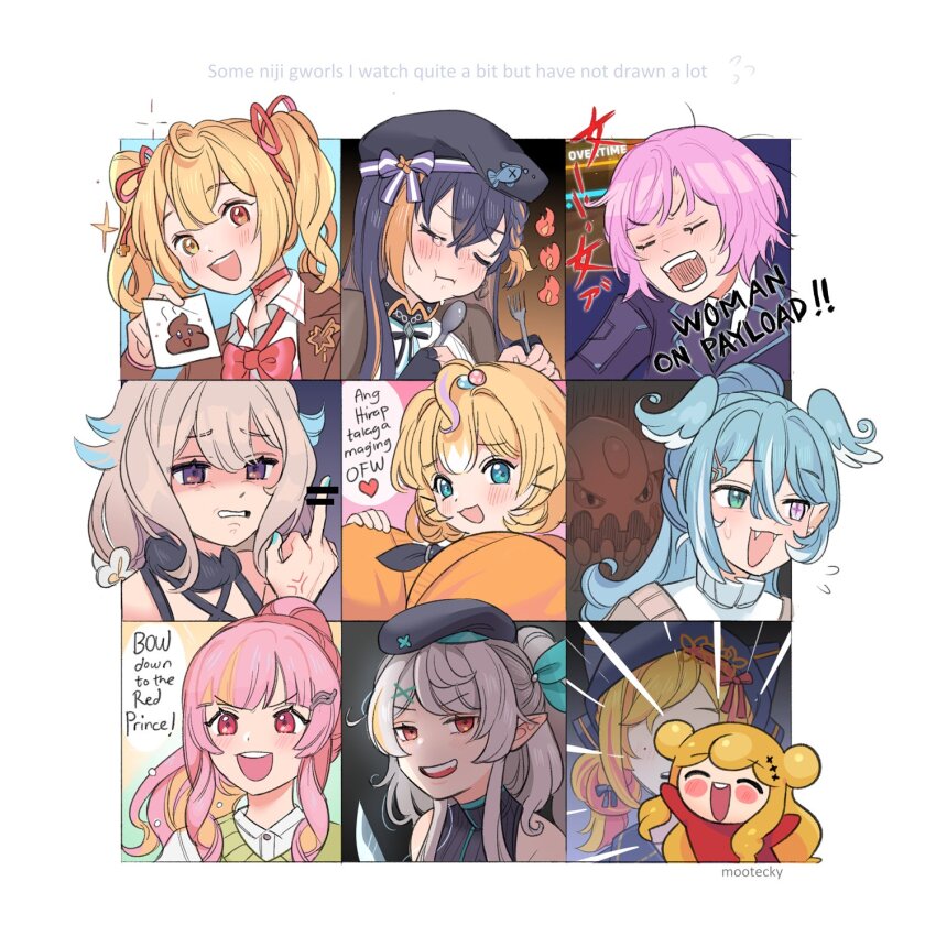 6+girls ahoge beret black_hair black_headwear blazer blue_eyes blue_hair blue_nails blue_wings blush brown_jacket cardigan choker double_bun elira_pendora elira_pendora_(3rd_costume) enna_alouette fork grey_hair hair_bun hat head_wings heart heterochromia high_ponytail highres holding holding_fork holding_spoon hoshikawa_sara hoshikawa_sara_(4th_costume) jacket long_hair middle_finger millie_parfait millie_parfait_(1st_costume) mootecky multicolored_hair multiple_girls nijisanji nijisanji_en nijisanji_kr official_alternate_costume one_side_up open_mouth orange_cardigan petra_gurin petra_gurin_(2nd_costume) pink_eyes pink_hair pointy_ears pomu_rainpuff pomu_rainpuff_(3rd_costume) ponytail purple_eyes red_choker red_eyes rosemi_lovelock rosemi_lovelock_(3rd_costume) seffyna seffyna_(3rd_costume) short_hair sidelocks spoon streaked_hair tagalog_text twintails virtual_youtuber wings yellow_eyes yuuhi_riri yuuhi_riri_(1st_costume)