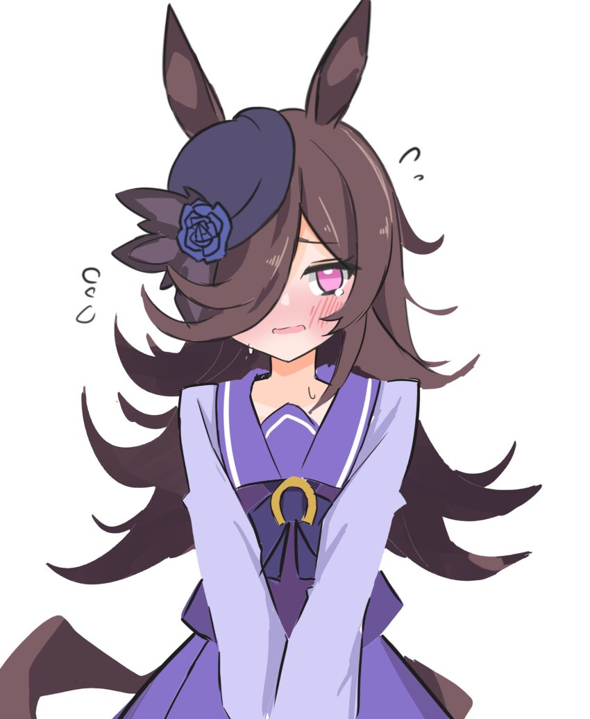 1girl animal_ears blue_flower blue_hat blue_rose blush bow brown_hair flipped_hair flower hair_over_one_eye hat hat_flower highres horse_ears horse_girl horse_tail horseshoe_ornament long_hair looking_at_viewer nono54558 open_mouth purple_eyes rice_shower_(umamusume) rose school_uniform smile solo tail tilted_headwear tracen_school_uniform umamusume