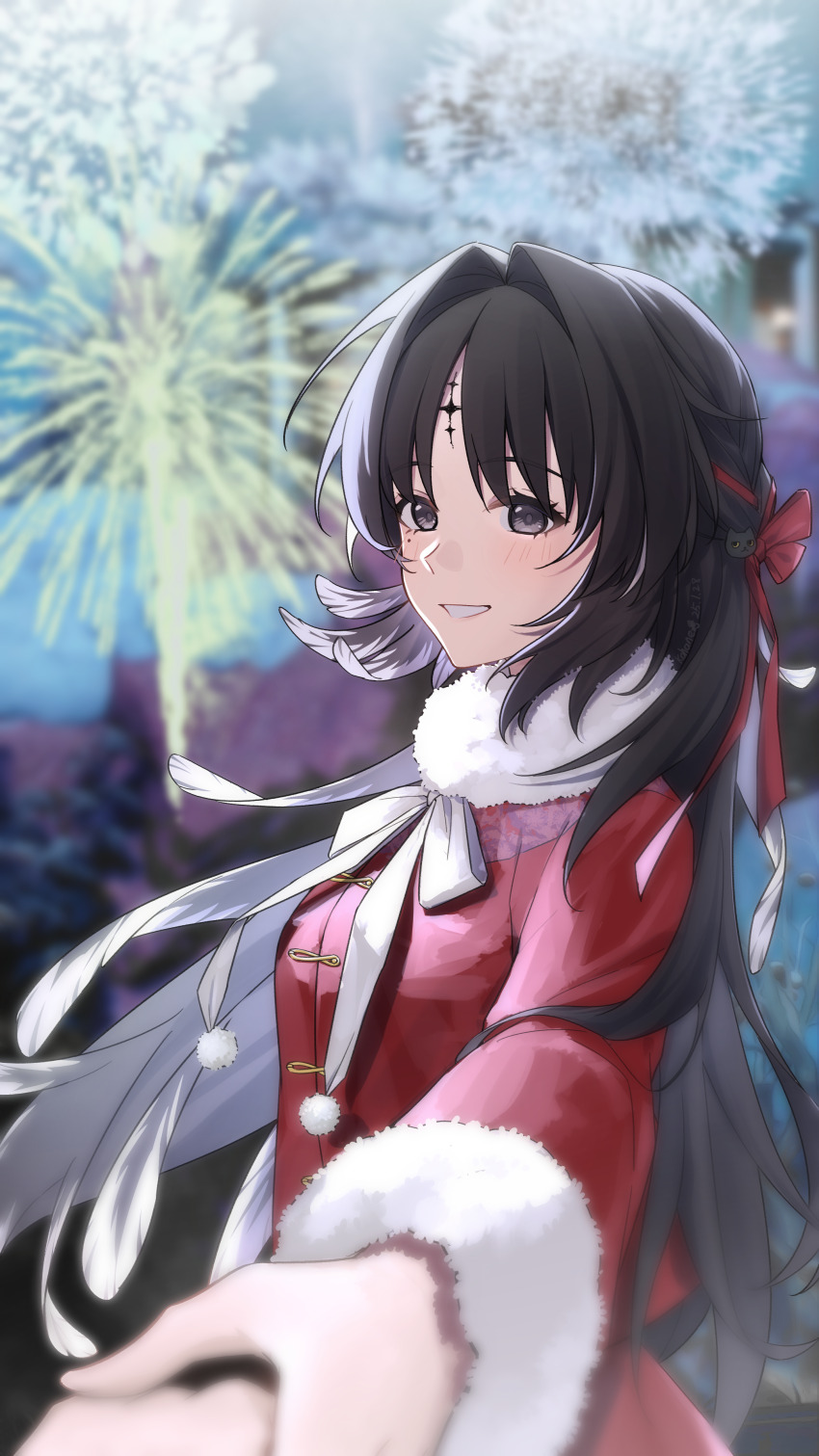 1girl 1other absurdres aerial_fireworks black_eyes black_hair blurry blurry_background chinese_clothes chinese_commentary commentary_request feather_hair fireworks fur-trimmed_jacket fur_trim hair_intakes hair_ribbon highres jacket kohane_kun long_hair looking_at_viewer multicolored_hair outdoors parted_bangs parted_lips pov pov_hands red_jacket red_ribbon ribbon smile streaked_hair tacet_mark_(wuthering_waves) upper_body white_hair wuthering_waves yangyang_(wuthering_waves)