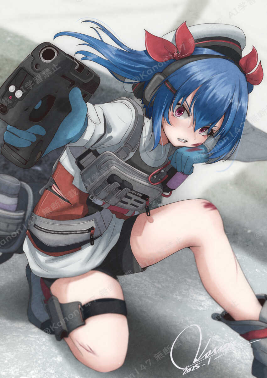 1girl absurdres aiming aiming_at_viewer ammunition_pouch backpack bag black_shorts blood blood_on_face blood_on_leg blue_gloves blue_hair boots bottle bow chest_rig colphne_(girls&#039;_frontline_2) commentary_request cuts dated girls&#039;_frontline girls&#039;_frontline_2:_exilium gloves grey_background grey_boots gun hair_between_eyes hair_bow handgun hat headphones highres holding holding_gun holding_weapon injury jacket kneeling kouon_(socommk23) leg_holster long_sleeves looking_at_viewer medium_hair open_mouth pink_eyes pistol pocket_pistol pouch red_bow short_shorts shorts sidelocks signature solo taurus_curve thigh_strap tilted_headwear torn_clothes twintails water_bottle watermark weapon white_hat white_jacket wide-eyed wiping_face