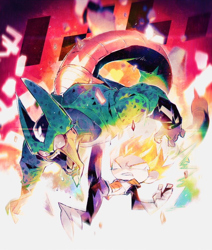2boys annoyed armor blonde_hair boots cell_(dragon_ball) clenched_hand colored_skin dragon_ball dragonball_z drooling fighting_stance frown gloves green_skin highres kicking looking_away multiple_boys saliva semi-perfect_cell spiked_hair super_saiyan super_saiyan_1 suzuka_g tail tongue tongue_out vegeta