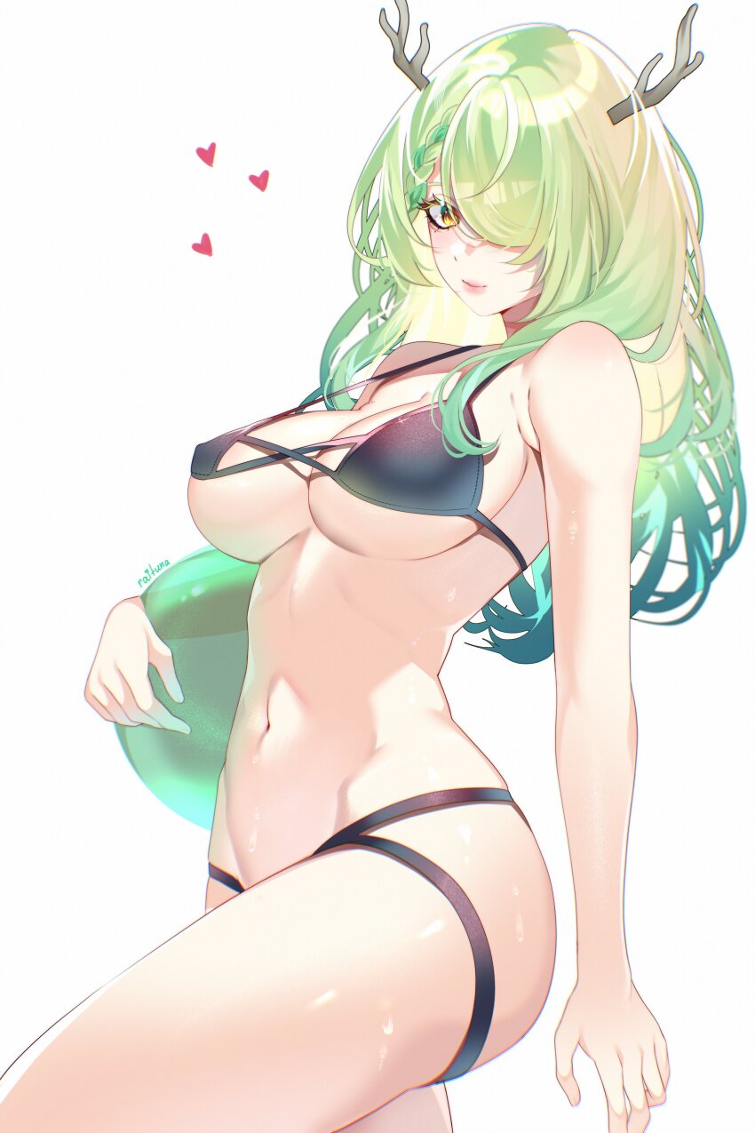 1girl absurdres antlers aqua_hair artist_name bikini black_bikini braid breasts ceres_fauna cleavage closed_mouth eyelashes gradient_hair green_hair hair_over_one_eye highres holding hololive hololive_english horns large_breasts lips long_hair mole mole_under_eye multicolored_hair navel raituna solo swimsuit virtual_youtuber white_background yellow_eyes