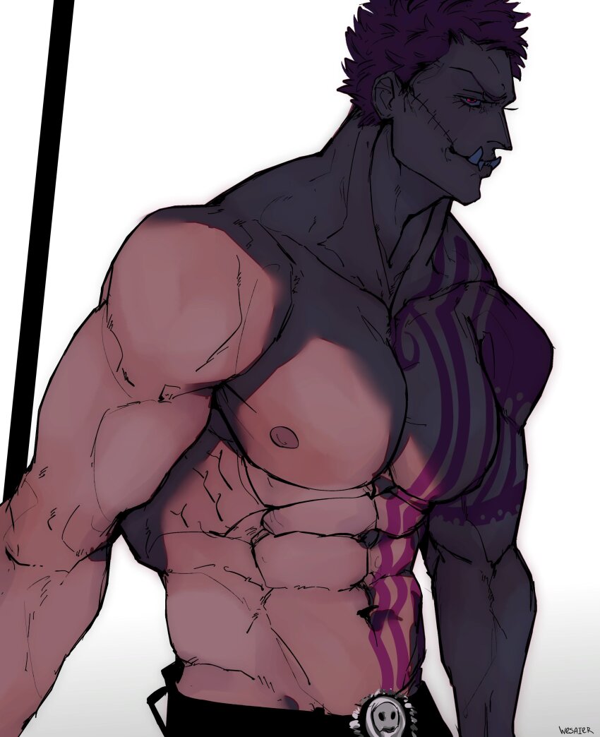 abs absurdres arm_tattoo bara belt charlotte_katakuri chest_tattoo cowboy_shot highres holding holding_polearm holding_weapon large_pectorals looking_at_viewer male_focus mature_male muscular muscular_male navel nipples one_piece pants pectorals polearm shadow short_hair shredded_muscles sideways_glance stitches stomach tattoo topless_male tsurime weapon wesaier