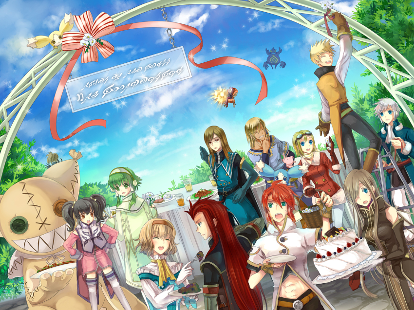 00s 4girls 6+boys ak0130 anise_tatlin asch_(tales) aslan_frings bad_food black_hair blonde_hair blue_eyes brown_eyes brown_hair cake dist dist_(tales) doll closed_eyes fingerless_gloves food ginji_(tales) glasses gloves green_eyes green_hair guy_cecil hair_over_one_eye hair_tubes hairband highres ion_(tales) jade_curtiss long_hair luke_fon_fabre mieu_(tales) mohs multiple_boys multiple_girls natalia_luzu_kimlasca_lanvaldear neckerchief noelle noelle_(tales) open_mouth peony_ix pig red_eyes red_hair ribbon short_hair short_hair_with_long_locks tales_of_(series) tales_of_the_abyss tear_grants thighhighs tokunaga_(tales) twintails van_grants white_hair yellow_neckerchief