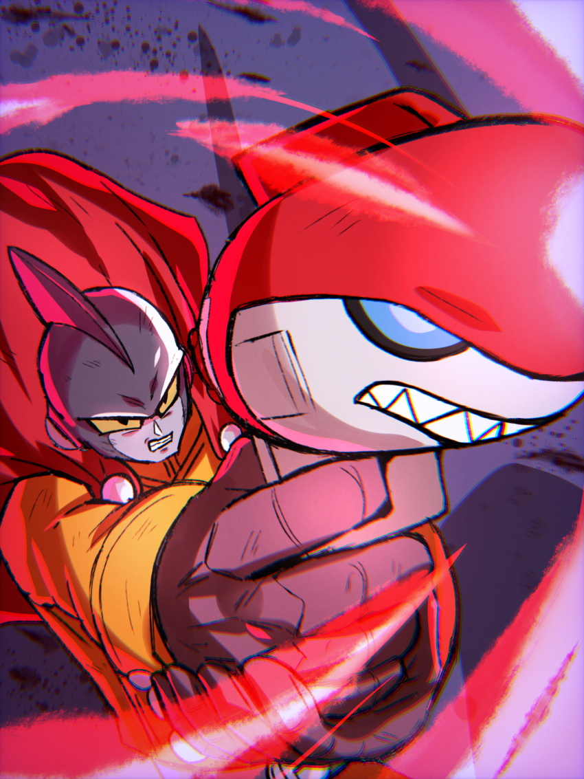 1boy black_gloves cape chiro_illust clenched_teeth colored_sclera commentary_request dragon_ball dragon_ball_super dragon_ball_super_super_hero finger_on_trigger firing gamma_1 gloves grey_shirt gun highres holding holding_gun holding_weapon jacket male_focus purple_background red_cape shirt solo superhero_costume teeth weapon yellow_jacket yellow_sclera