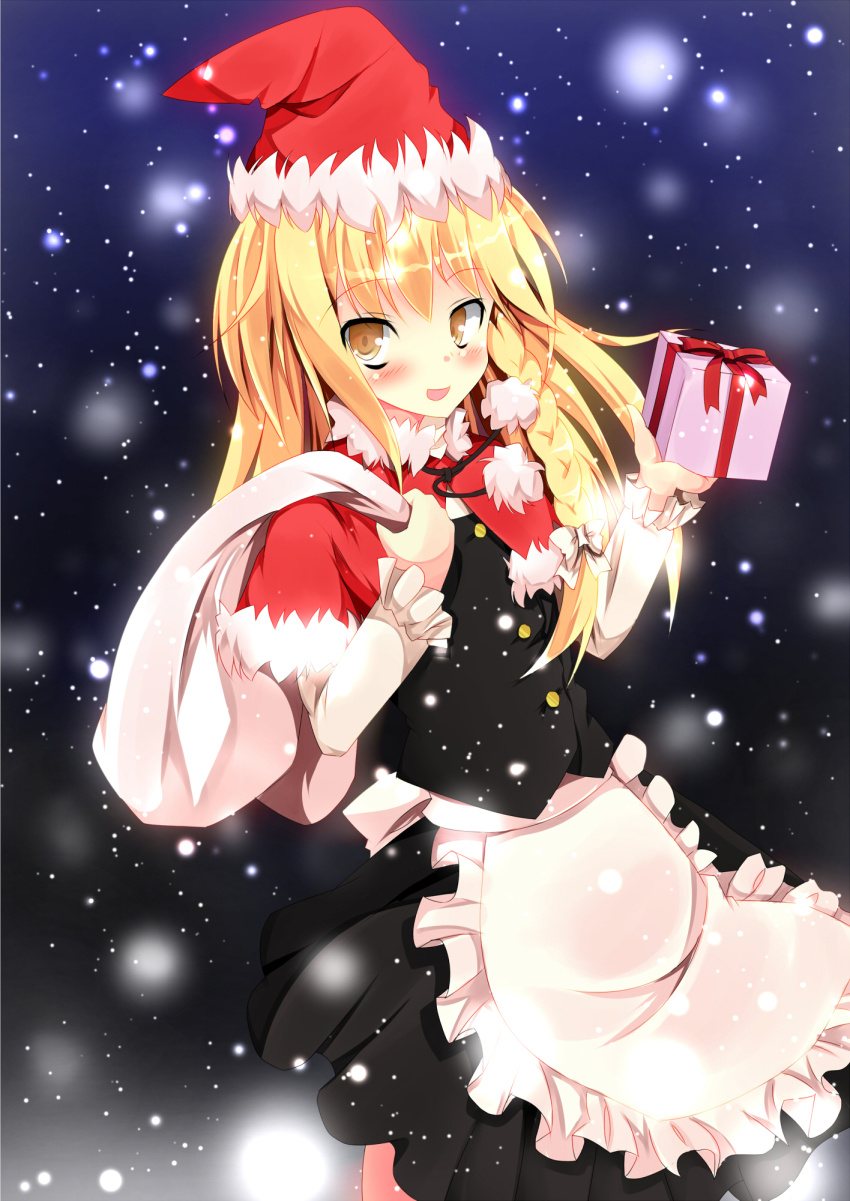 1girl apron black_skirt black_vest blonde_hair blush bow braid brown_eyes buttons commentary_request cookie_(touhou) cowboy_shot frilled_apron frills gift hair_bow hat highres holding holding_gift holding_sack kirisame_marisa long_hair looking_at_viewer open_mouth sack santa_hat side_braid single_braid skirt smile snow snowing solo szk touhou uzuki_(cookie) vest waist_apron white_apron white_bow