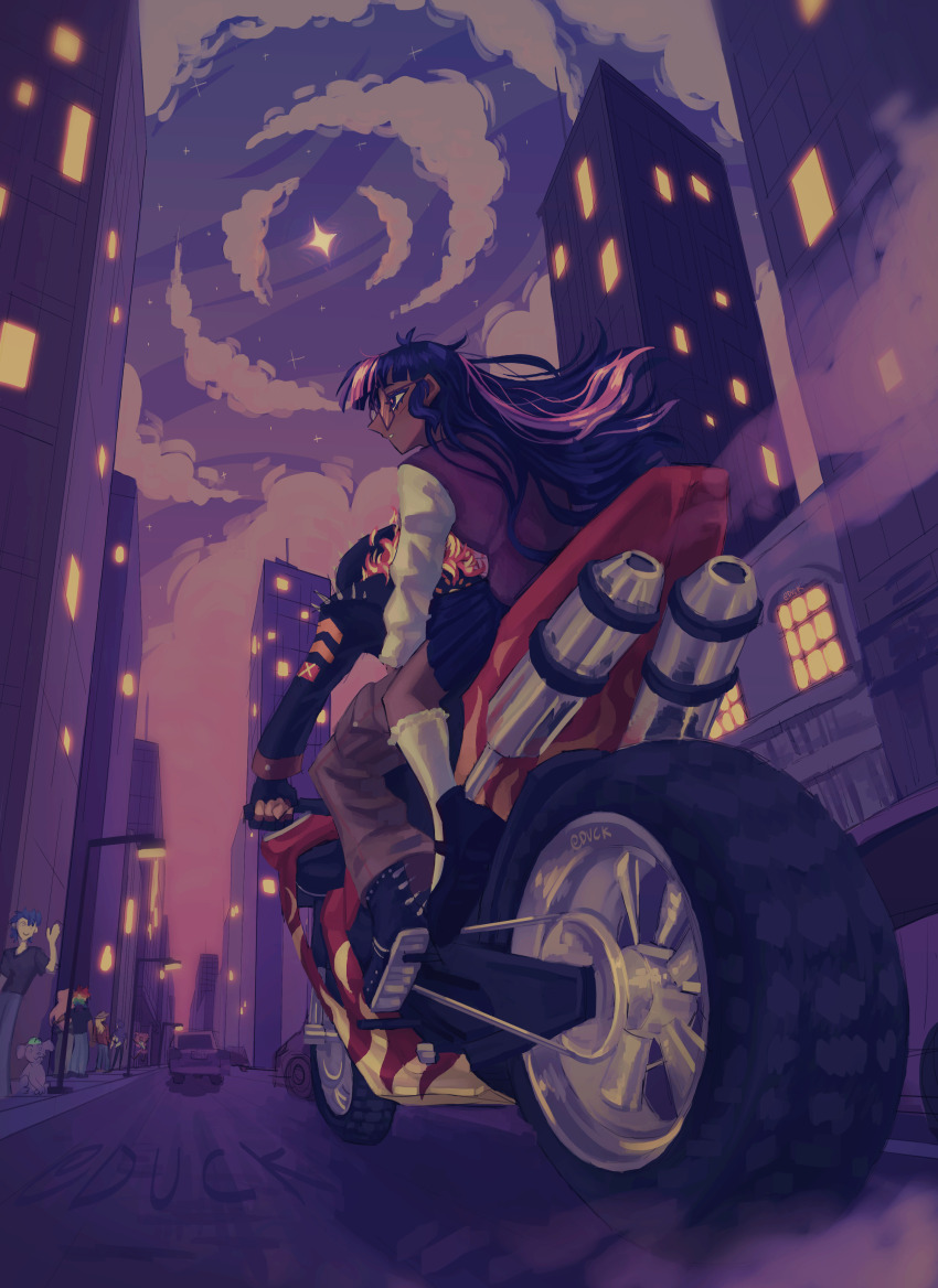 absurdres black_skin car cloud cloudy_sky colored_skin depresed-duck glasses highres long_hair looking_to_the_side motor_vehicle motorcycle multicolored_hair my_little_pony my_little_pony:_equestria_girls my_little_pony:_friendship_is_magic open_mouth purple_eyes purple_hair road sci-twi sky socks star_(sky) sunset_shimmer twilight_sparkle