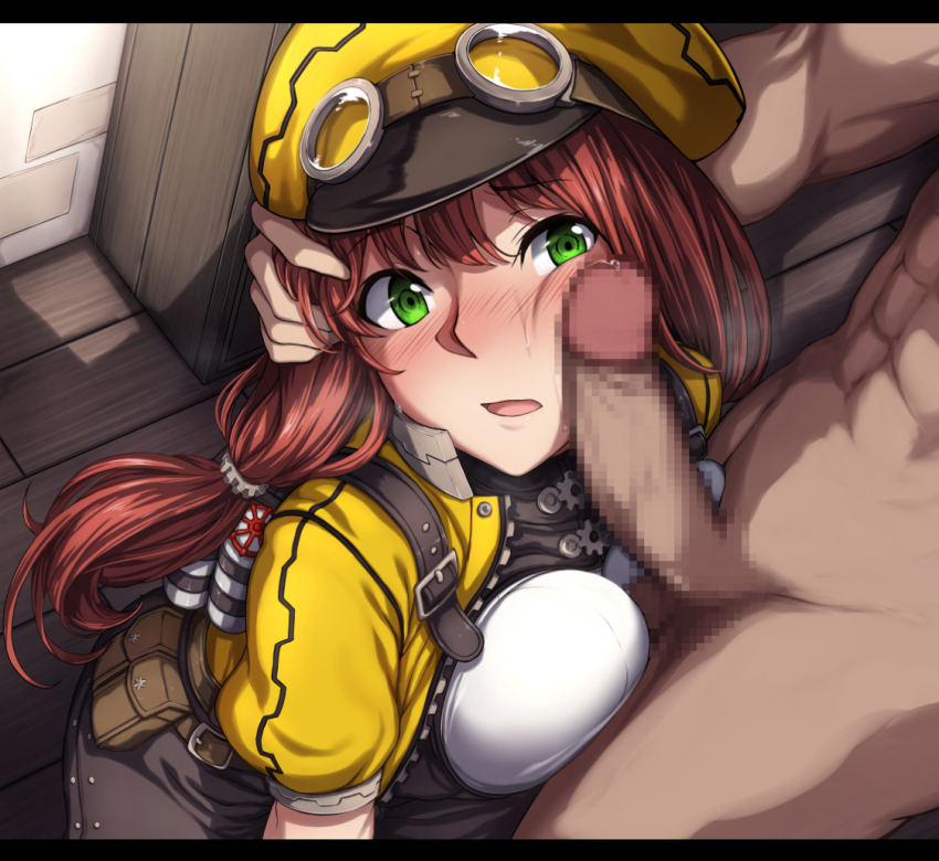 1boy 1girl blush breast_press censored character_request clothed_female_nude_male ellie_helderson erection facejob gears goggles goggles_on_head green_eyes hat hetero indoors jacket kanpani_girls kneeling letterboxed long_hair looking_at_another mosaic_censoring nagioka nude parted_lips penis penis_on_face pouch puffy_short_sleeves puffy_sleeves red_eyes red_hair short_sleeves yellow_jacket