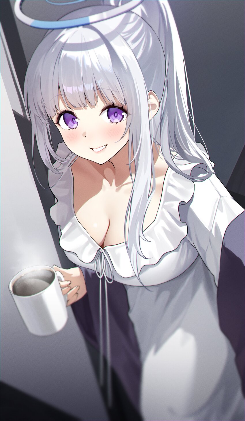 1girl absurdres ayoni_623 blue_archive blush breasts cup dress grey_hair hair_tie halo highres holding holding_cup kuroshiro_kanae large_breasts long_hair long_sleeves looking_at_viewer noa_(blue_archive) noa_(pajamas)_(blue_archive) ponytail purple_eyes purple_shawl shawl solo white_dress