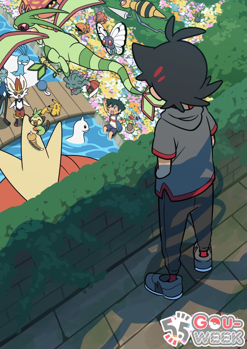 2boys altaria ash_ketchum beedrill black_hair blue_vest bridge butterfree character_name cinderace commentary dewgong diglett fletchling flower flygon game_freak gen_1_pokemon gen_2_pokemon gen_3_pokemon gen_6_pokemon gen_8_pokemon goh_(pokemon) grey_footwear grey_shirt grookey hat highres inteleon magikarp male_focus misdreavus multiple_boys nintendo oddish pants paras parasect pikachu pokemon pokemon_(anime) pokemon_(creature) pokemon_journeys poliwag red_socks river shadow shirt shoes short_sleeves shorts shuan_0420 sitting socks t-shirt trapinch unworn_hat unworn_headwear vest vibrava water weedle white_shirt