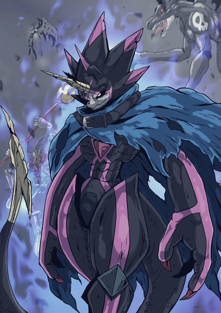 belt cape devidramon devimon digimon digimon_(creature) dinosaur_boy gulusgammamon highres horns red_eyes sharp_teeth skull skullsatamon tail teeth