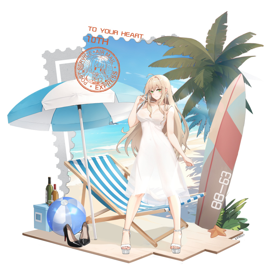 1girl ball beach beach_chair beach_umbrella beachball blonde_hair blue_sky breasts day dress earrings green_eyes high_heels highres jewelry large_breasts long_hair missouri_(warship_girls_r) ocean palm_tree platform_sandals sand sandals sky sleeveless sleeveless_dress solo star_(symbol) star_earrings surfboard tree umbrella very_long_hair warship_girls_r white_dress xnnagu