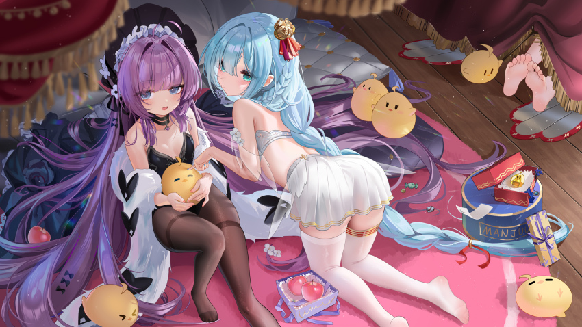 3girls :d ahoge all_fours armpit_crease azur_lane bare_shoulders barefoot black_bonnet black_choker black_leotard blue_eyes blue_hair blue_nails bonnet bra braid braided_ponytail breasts brown_pantyhose choker closed_mouth collarbone commentary_request crown feather_boa feet fh_moya frilled_bonnet frills full_body hair_intakes hair_ribbon hair_spread_out highres holding holding_stuffed_toy janus_(azur_lane) leotard light_particles long_hair looking_at_viewer manjuu_(azur_lane) mini_crown multiple_girls nail_polish no_shoes open_mouth pantyhose purple_hair red_ribbon ribbon sitting skirt small_breasts smile soles strapless strapless_leotard stuffed_animal stuffed_bird stuffed_toy tashkent_(azur_lane) tashkent_(the_sprite&#039;s_snapshot)_(azur_lane) thighband_pantyhose thighhighs tilted_headwear toes underwear very_long_hair white_bra white_skirt white_thighhighs