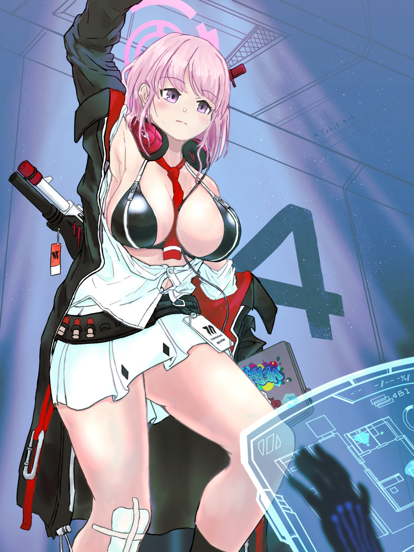 2girls bandaid bandaid_on_knee bandaid_on_leg bare_shoulders belt between_breasts bikini black_belt black_bikini black_jacket black_socks blue_archive blush breast_zipper breasts cleavage closed_mouth commentary_request computer eimi_(blue_archive) gun halo hanging headphones headphones_around_neck highres himari_(blue_archive) holding holding_laptop holographic_monitor indoors jacket kneehighs laptop large_breasts long_hair long_sleeves multiple_girls nazomaki_(blue_archive) necktie necktie_between_breasts open_clothes open_jacket pink_eyes pink_hair pink_halo pump_action red_necktie shirt shotgun sidelocks skirt socks solo_focus spas-12 swimsuit takigigas weapon weapon_on_back white_shirt white_skirt zipper_bikini