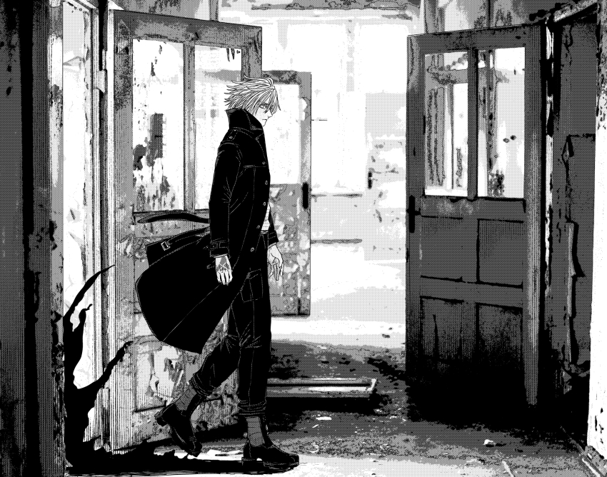 1boy coat command_spell daybit_sem_void door fate/grand_order fate_(series) full_body greyscale highres long_sleeves looking_at_viewer male_focus monochrome pants shoes short_hair solo wakkamaji walking