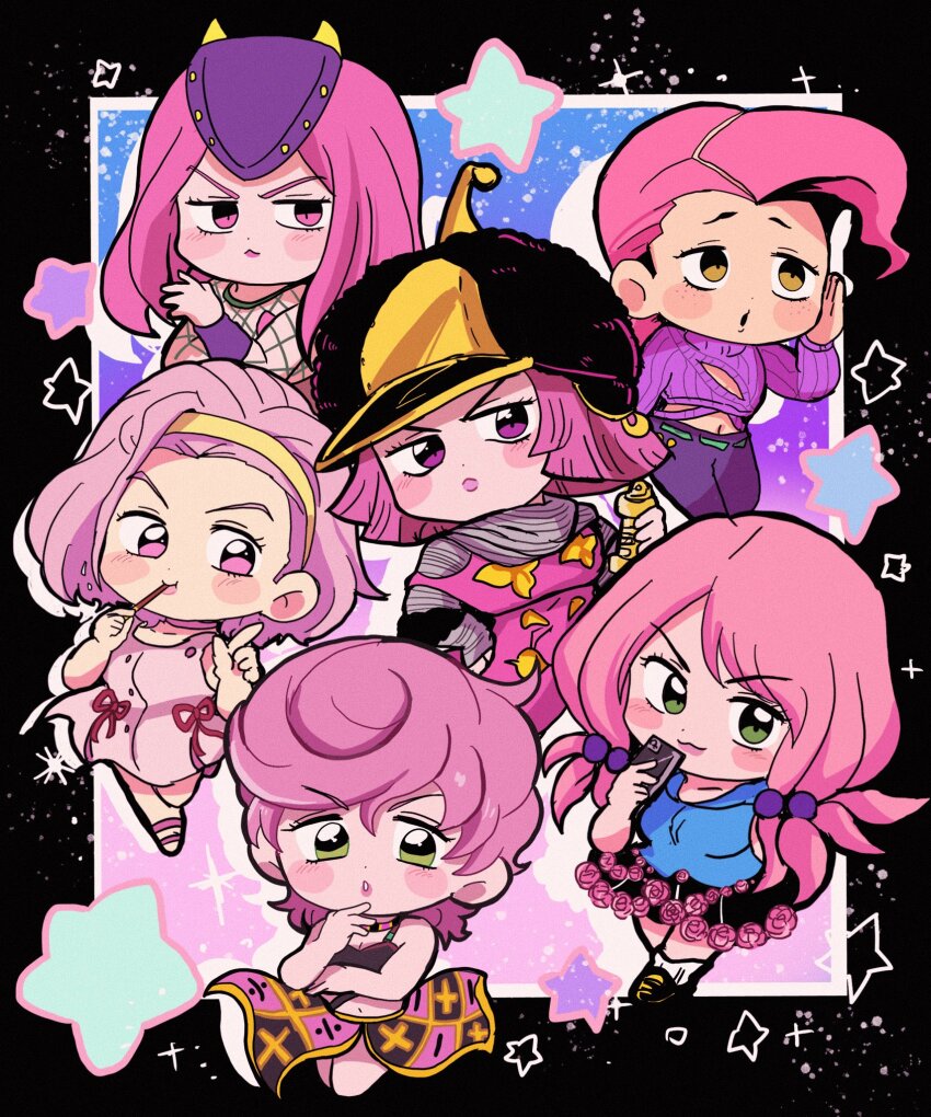 2boys 4girls belt black_hat black_skirt blue_shirt blush_stickers brown_eyes cellphone chibi chibi_only color_connection crop_top diamond_wa_kudakenai dress fishnet_top fishnets flower_ornament food green_belt green_eyes grey_shirt hair_bobbles hair_color_connection hair_ornament hairband hat highres hirose_yasuho holding holding_food holding_phone horned_hat hot_pants_(sbr) jojo_no_kimyou_na_bouken jojolion long_hair makeup midriff motu705 multiple_boys multiple_girls narciso_anasui pants phone pink_dress pink_eyes pink_hair pink_lips pocky purple_hair purple_hat purple_pants purple_sweater ribbed_sweater shirt short_hair skirt smartphone stand_(jojo) standing star_(symbol) steel_ball_run stone_ocean sugimoto_reimi sweater trish_una turtleneck turtleneck_shirt vento_aureo vinegar_doppio yellow_hairband