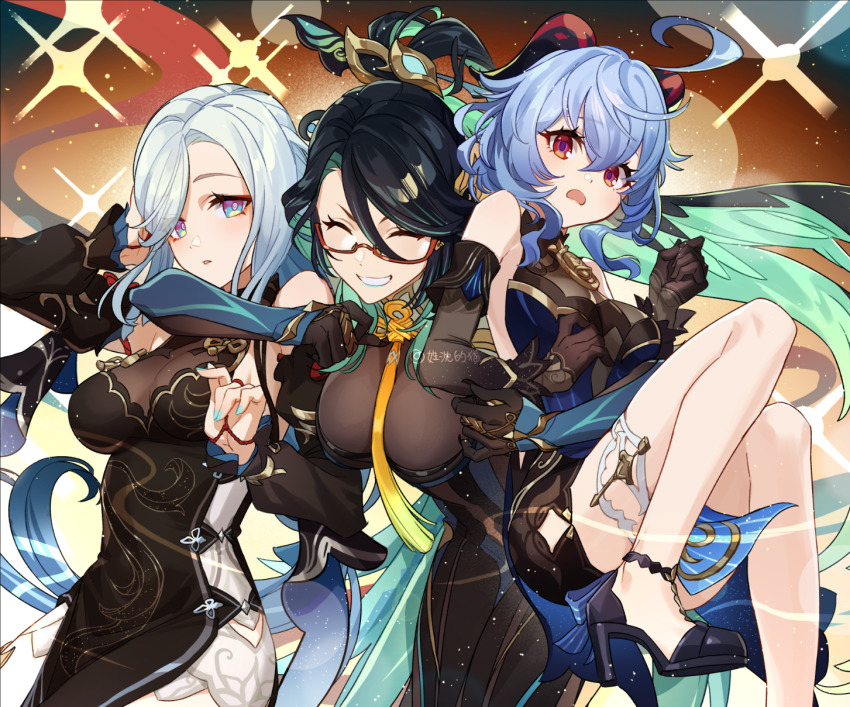 3girls ahoge aqua_lips bare_shoulders bell black_dress black_footwear black_gloves black_hair blue_dress blue_eyes blue_hair breasts chinese_hairpin cleavage colored_inner_hair commentary_request detached_sleeves dress ganyu_(genshin_impact) ganyu_(twilight_blossom)_(genshin_impact) genshin_impact glasses gloves goat_horns green_hair hair_ornament hair_over_one_eye high_heels highres honlo horns hug large_breasts legs long_hair long_sleeves medium_breasts multicolored_hair multiple_girls nail_polish neck_bell official_alternate_costume official_alternate_hairstyle purple_eyes red-framed_eyewear see-through_clothes see-through_cleavage shenhe_(frostflower_dew)_(genshin_impact) shenhe_(genshin_impact) sideless_dress sleeveless sleeveless_dress smile thighs very_long_hair white_hair xianyun_(genshin_impact)