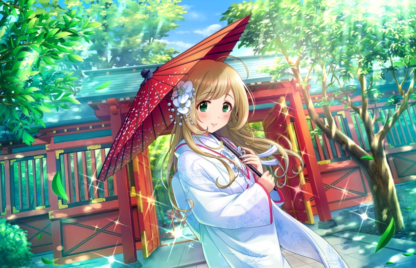 10s arch blonde_hair blush bride green_eyes idolmaster idolmaster_cinderella_girls idolmaster_cinderella_girls_starlight_stage japanese_clothes kimono long_hair official_art parasol sato_shin smile traditional umbrella wedding
