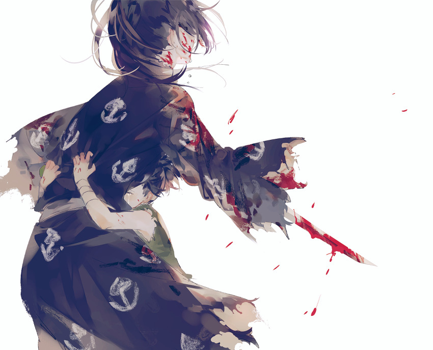1boy 1girl black_hair black_kimono blood blood_on_clothes blood_on_face crying dororo_(character) dororo_(tezuka) hug hyakkimaru_(dororo) japanese_clothes kimono long_hair prosthetic_weapon shirt simple_background sleeveless sleeveless_shirt syokuuuuuuuuumura torn_clothes torn_kimono white_background